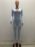 Women Spring Light Blue Casual Full Sleeves Zippers Full Length Skinny Jumpsuit