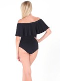 Women Summer Black Sexy Off-the-shoulder Short Sleeves Solid Ruffles Bodysuit