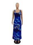 Women Summer Blue Printed U-neck Sleeveless Casual Long Dress