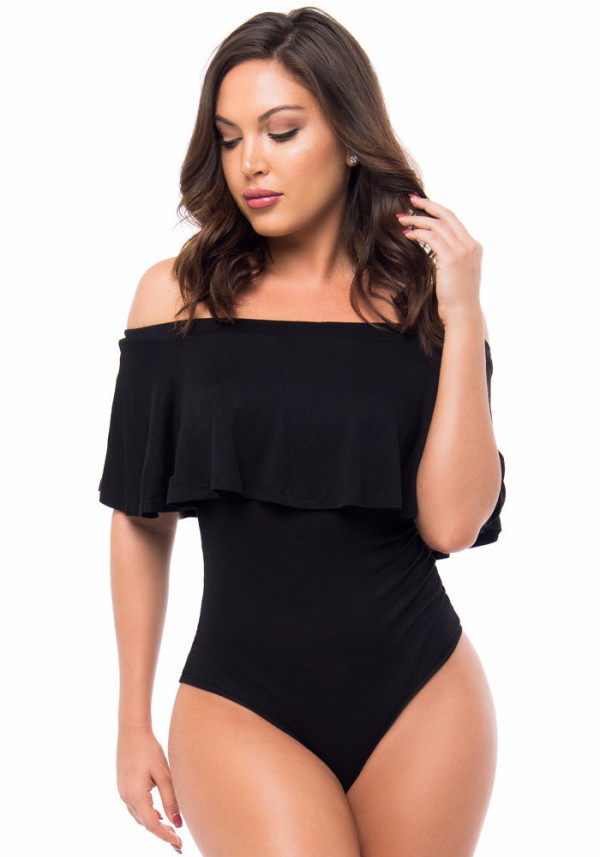 Women Summer Black Sexy Off-the-shoulder Short Sleeves Solid Ruffles Bodysuit