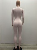 Women Spring Pink Casual Print Zippers Full Length Skinny Jumpsuit