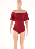 Women Summer Red Sexy Off-the-shoulder Short Sleeves Solid Ruffles Bodysuit