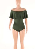 Women Summer Green Sexy Off-the-shoulder Short Sleeves Solid Ruffles Bodysuit