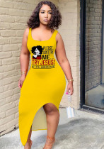 Women Summer Yellow U-Neck Sleeveless Character Print Midi Asymmetrical Tank Dress