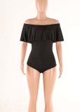 Women Summer Black Sexy Off-the-shoulder Short Sleeves Solid Ruffles Bodysuit