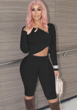 Women Spring Black Casual V-neck Full Sleeves Solid Drawstring Skinny Two Piece Shorts Set