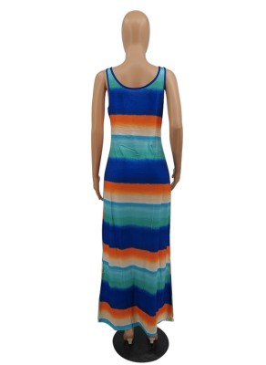 Women Summer Stripes Print U-neck Sleeveless Casual Long Dress