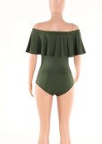Women Summer Green Sexy Off-the-shoulder Short Sleeves Solid Ruffles Bodysuit