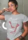 Women Summer Grey Sexy O-Neck Short Sleeves Print T-Shirt