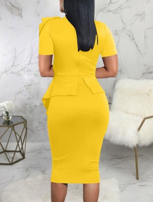 Women Summer Yellow Formal Bow Short Sleeves Solid Knee-Length Office Dress
