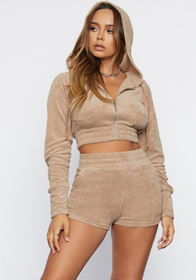 Women Spring Khaki Casual Hooded Long Sleeve Solid Two Piece Shorts Set