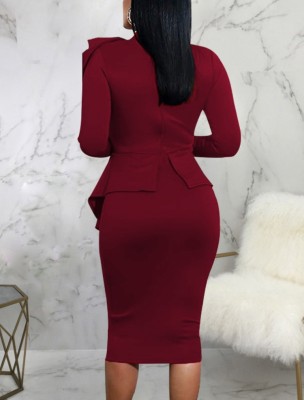 Women Spring Burgunry Formal Bow Long Sleeve Solid Knee-Length Office Dress