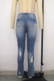 Women Spring Blue Pencil Pants High Waist Ripped Ankle-Length Jeans Pants