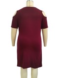 Women Summer Burgunry O-Neck Short Sleeves Solid Hollow Out Mini Plus Size Casual Dress
