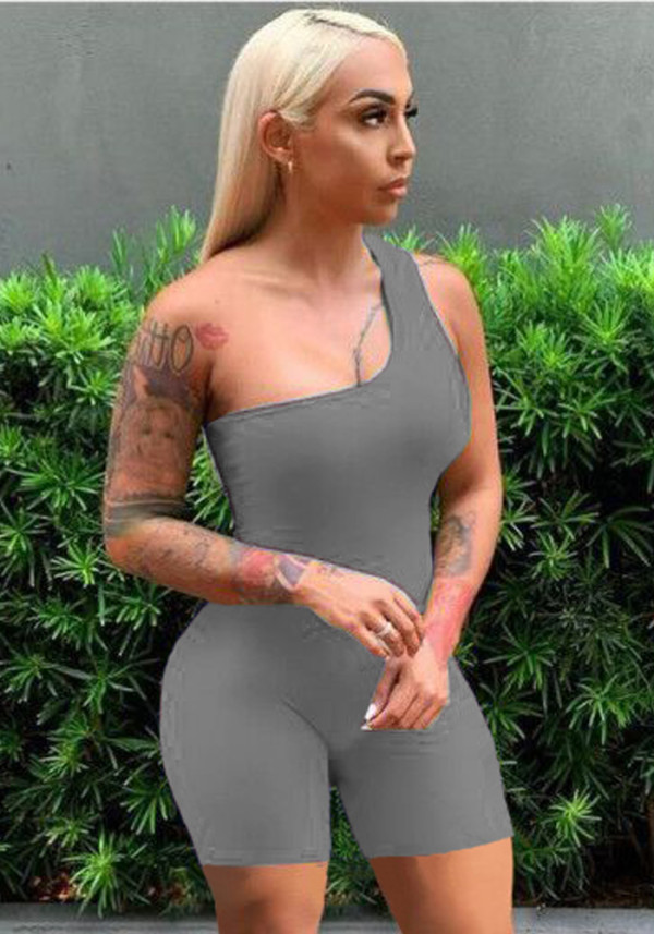 Women Summer Grey Sexy one shoulder Half Sleeves Solid Playsuit