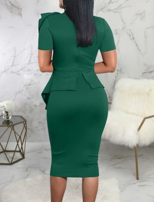 Women Summer Green Formal Bow Short Sleeves Solid Knee-Length Office Dress