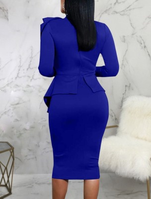 Women Spring Blue Formal Bow Long Sleeve Solid Knee-Length Office Dress