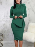 Women Spring Green Formal Bow Long Sleeve Solid Knee-Length Office Dress