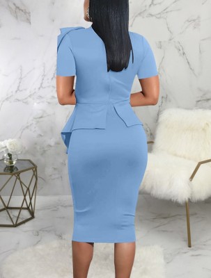 Women Summer Blue Formal Bow Short Sleeves Solid Knee-Length Office Dress