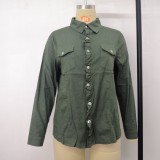 Women Spring Green Vintage Turn-down Collar Full Sleeves Solid Jeans Shirt