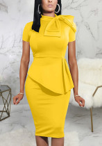 Women Summer Yellow Formal Bow Short Sleeves Solid Knee-Length Office Dress