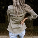 Women Spring Khaki Vintage Turn-down Collar Full Sleeves Solid Jeans Shirt