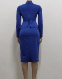 Women Spring Blue Formal Bow Long Sleeve Solid Knee-Length Office Dress