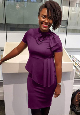 Women Summer Purple Formal Bow Short Sleeves Solid Knee-Length Office Dress