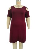 Women Summer Burgunry O-Neck Short Sleeves Solid Hollow Out Mini Plus Size Casual Dress