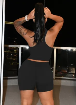 Women Summer Black Sexy U-neck Sleeveless Solid Two Piece Shorts Set