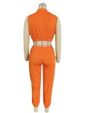 Women Summer Orange Casual Turn-down Collar Sleeveless Zippers Two Piece Pants Set