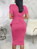 Women Summer Rose Formal Bow Short Sleeves Solid Knee-Length Office Dress