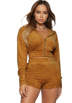 Women Spring Brown Casual Hooded Long Sleeve Solid Two Piece Shorts Set