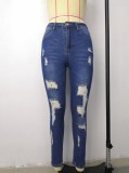 Women Spring DK-Blue Pencil Pants High Waist Ripped Jeans Pants