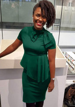 Women Summer Green Formal Bow Short Sleeves Solid Knee-Length Office Dress