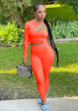 Women Spring Orange Sexy O-Neck One Shoulder Long Sleeve Solid Hollow Out Two Piece Pants Set