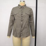 Women Spring Khaki Vintage Turn-down Collar Full Sleeves Solid Jeans Shirt