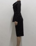 Women Spring Black Formal Bow Long Sleeve Solid Knee-Length Office Dress