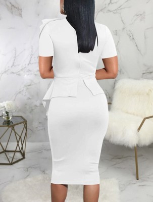 Women Summer White Formal Bow Short Sleeves Solid Knee-Length Office Dress
