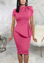 Women Summer Rose Formal Bow Short Sleeves Solid Knee-Length Office Dress