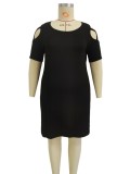 Women Summer Black O-Neck Sleeveless Solid Hollow Out Mini Plus Size Casual Dress