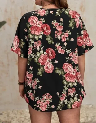 Women Spring Printed Sweet Short Sleeves Floral Print Plus Size Tops