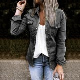 Women Spring Black Vintage Turn-down Collar Full Sleeves Solid Jeans Shirt