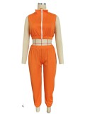 Women Summer Orange Casual Turn-down Collar Sleeveless Zippers Two Piece Pants Set