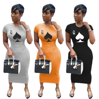 Women Summer Grey Casual O-Neck Short Sleeves Printed Midi Bodycon Dress