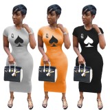 Women Summer Black Casual O-Neck Short Sleeves Printed Midi Bodycon Dress