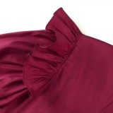 Women Spring Burgunry Formal O-Neck Full Sleeves Solid Ruffles Evening Dress