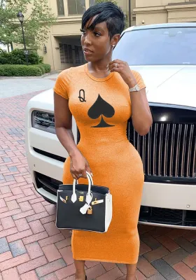 Women Summer Orange Casual O-Neck Short Sleeves Printed Midi Bodycon Dress