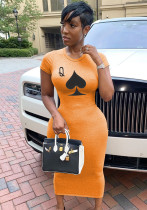Women Summer Orange Casual O-Neck Short Sleeves Printed Midi Bodycon Dress