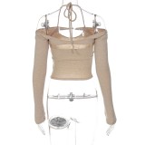 Women Spring Khaki Halter Solid Short Vest and Cape Two Piece Tops
